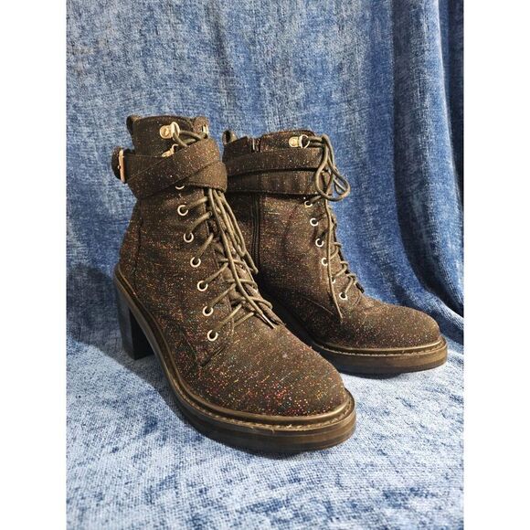 Anthropologie black Suede Glitter Combat Boots Zip Lace Strap W 9 EU 40 - Picture 3 of 10